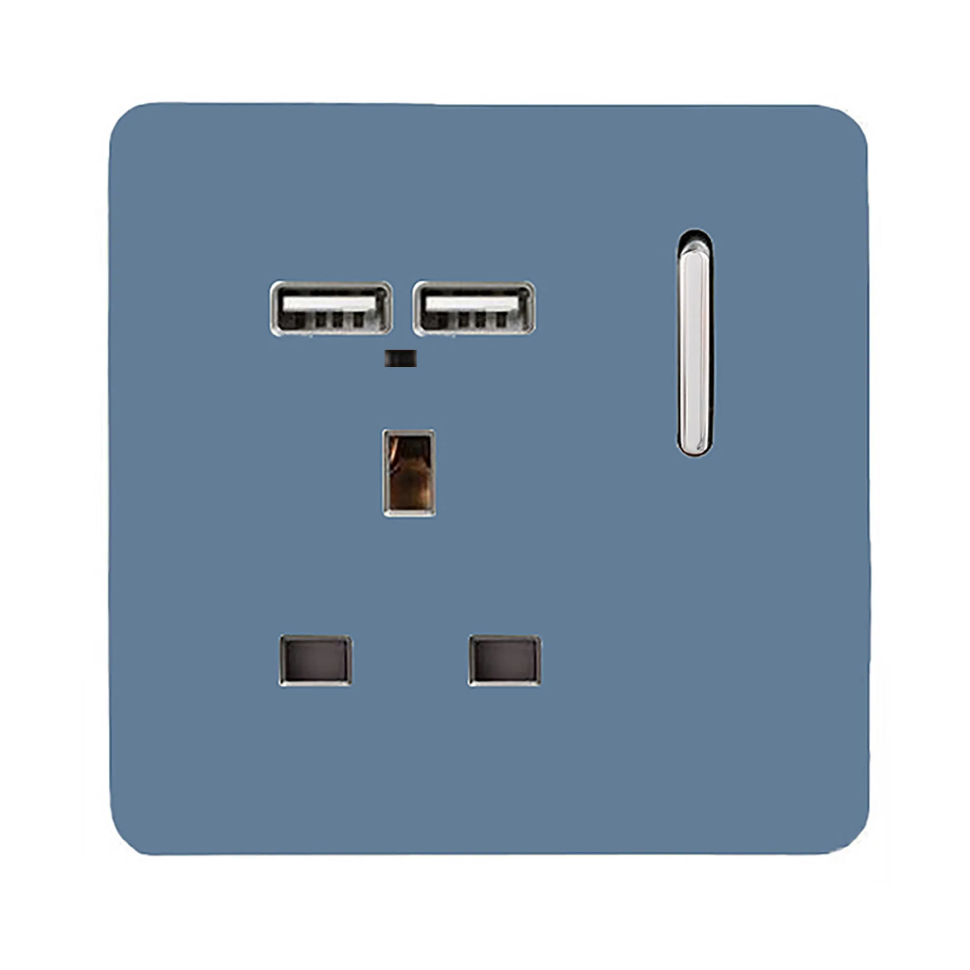 1 Gang Switched Single Socket 13A With 2 x USB-A 10W (Shared) With Neon Insert Sky Blue